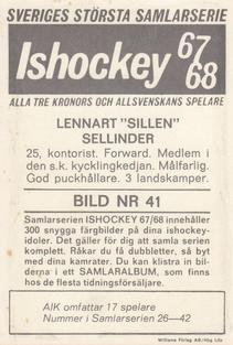 1967-68 Williams Ishockey (Swedish) #41 Lennart Selinder Back