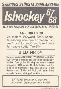 1967-68 Williams Ishockey (Swedish) #54 Jan Erik Lyck Back