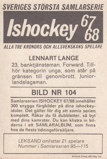 1967-68 Williams Ishockey (Swedish) #104 Lennart Lange Back