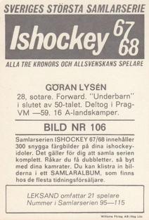 1967-68 Williams Ishockey (Swedish) #106 Goran Lysen Back