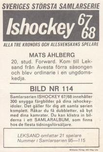 1967-68 Williams Ishockey (Swedish) #114 Mats Ahlberg Back