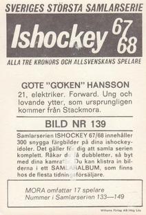 1967-68 Williams Ishockey (Swedish) #139 Gote Hansson Back