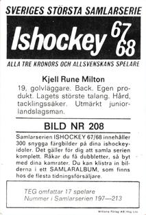 1967-68 Williams Ishockey (Swedish) #208 Kjell-Rune Milton Back