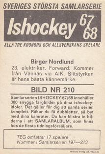 1967-68 Williams Ishockey (Swedish) #210 Birger Nordlund Back