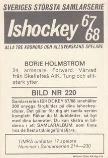 1967-68 Williams Ishockey (Swedish) #220 Borje Holmstrom Back