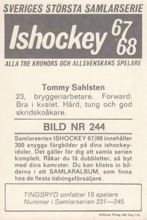 1967-68 Williams Ishockey (Swedish) #244 Tommy Sahlsten Back