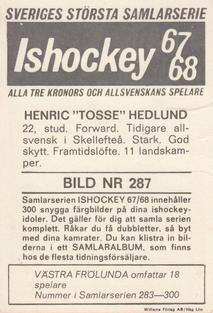 1967-68 Williams Ishockey (Swedish) #287 Henric Hedlund Back