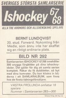 1967-68 Williams Ishockey (Swedish) #292 Bernt Lundqvist Back