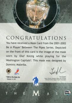 2001-02 Be a Player Between the Pipes - The Mask Toronto Spring Expo 2002 (Gold Stamp) #NNO Olaf Kolzig Back