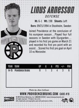 2015-16 Choice Providence Bruins (AHL) #19 Linus Arnesson Back