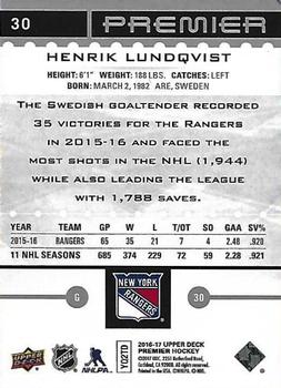 2016-17 Upper Deck Premier #30 Henrik Lundqvist Back