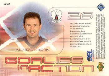 2001-02 Upper Deck DEL (German) - Goalies in Action #G2 Klaus Merk Back