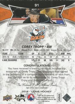 2016-17 Upper Deck AHL - Autographs #91 Corey Tropp Back