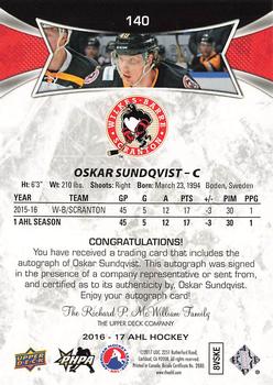 2016-17 Upper Deck AHL - Autographs #140 Oskar Sundqvist Back