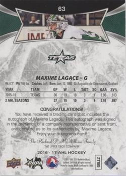 2016-17 Upper Deck AHL - Autographs #63 Maxime Lagace Back