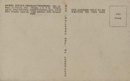 1935-36 Amalgamated Press The Champion #NNO Aurel Joliat Back