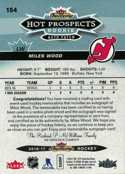 2016-17 Fleer Showcase - Hot Prospects Autograph Patch White Hot #154 Miles Wood Back