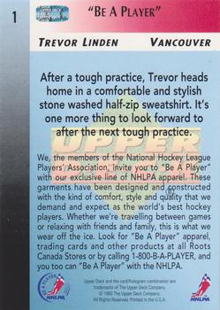 1993-94 Upper Deck NHLPA/Roots #1 Trevor Linden Back