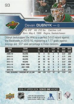 2016-17 Upper Deck - Silver Foil #93 Devan Dubnyk Back