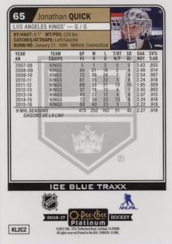 2016-17 O-Pee-Chee Platinum - Ice Blue Traxx #65 Jonathan Quick Back