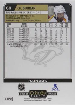 2016-17 O-Pee-Chee Platinum - Rainbow #60 P.K. Subban Back