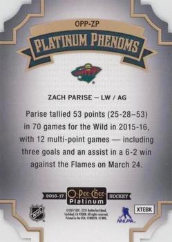 2016-17 O-Pee-Chee Platinum - Platinum Phenoms Die Cuts #OPP-ZP Zach Parise Back