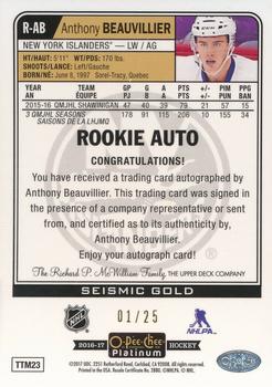 2016-17 O-Pee-Chee Platinum - Rookie Autographs Seismic Gold #R-AB Anthony Beauvillier Back