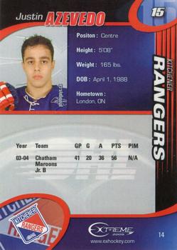 2004-05 Extreme Kitchener Rangers (OHL) #14 Justin Azevedo Back