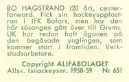 1958-59 Alfa Ishockey (Swedish) #651 Bo Hagstrand Back