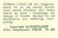 1958-59 Alfa Ishockey (Swedish) #652 Goran Lysen Back
