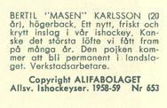 1958-59 Alfa Ishockey (Swedish) #653 Redar Karlsson Back