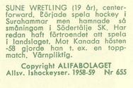 1958-59 Alfa Ishockey (Swedish) #655 Sune Wretling Back