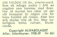 1958-59 Alfa Ishockey (Swedish) #666 Jim Nilden Back