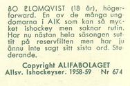 1958-59 Alfa Ishockey (Swedish) #674 Bo Blomkvist Back