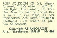 1958-59 Alfa Ishockey (Swedish) #686 Rolf Jonsson Back