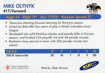 2004-05 Austin Ice Bats (CHL) #NNO Mike Olynyk Back