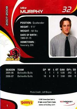 2007-08 Extreme Belleville Bulls (OHL) #1 Mike Murphy Back