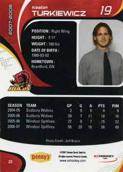2007-08 Extreme Belleville Bulls (OHL) #23 Keaton Turkiewicz Back