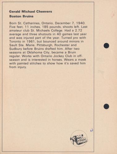1971-72 Toronto Sun NHL Action Players #NNO Gerald Michael Cheevers Back