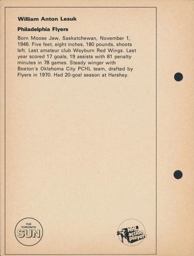 1971-72 Toronto Sun NHL Action Players #NNO William Anton Lesuk Back