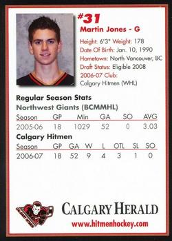 2007-08 Husky/Mohawk/Calgary Herald Calgary Hitmen (WHL) #NNO Martin Jones Back