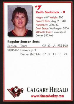 2007-08 Husky/Mohawk/Calgary Herald Calgary Hitmen (WHL) #NNO Keith Seabrook Back