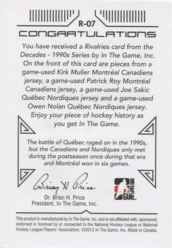 2015-16 In The Game Final Vault - 2013-14 In The Game Decades 1990s Rivalries Quad Jerseys Silver (Silver Vault Stamp) #R-07 Kirk Muller / Patrick Roy / Joe Sakic / Owen Nolan Back