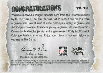 2015-16 In The Game Final Vault - 2011-12 In The Game Enforcers - Tough Franchise Quad Game-Used Jerseys Black (Silver Vault Stamp) #TF-12 Dale Hunter / Jeff Odgers / Jim Cummins / Cody McCormick Back