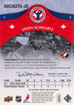 2013 Upper Deck National Hockey Card Day Canada - Autographs #HDCAUTO-JS Jaden Schwartz Back