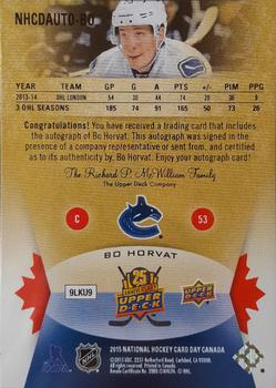 2015 Upper Deck National Hockey Card Day Canada - Autographs #NHCDAUTO-BO Bo Horvat Back