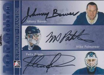 2008-09 In The Game Superlative Franchise - Triple Autographs #TA-BPP Johnny Bower / Mike Palmateer / Felix Potvin Front