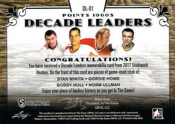 2017 Leaf In The Game Stickwork - Decade Leaders Relics - Red #DL-01 Stan Mikita / Gordie Howe / Bobby Hull / Norm Ullman Back