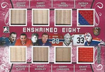 2017 Leaf In The Game Stickwork - Enshrined 8 Relics - Red #EE-02 Johnny Bower / Jacques Plante / Harry Lumley / Gump Worsley / Ken Dryden / Gerry Cheevers / Patrick Roy / Grant Fuhr Front