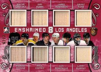 2017 Leaf In The Game Stickwork - Enshrined 8 Franchise Relics - Red #E8F-08 Wayne Gretzky / Marcel Dionne / Jari Kurri / Paul Coffey / Larry Robinson / Luc Robitaille / Grant Fuhr / Larry Murphy Front